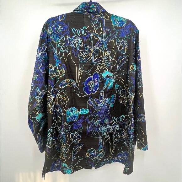 Chico's Design 100% SILK Black Embroidered Floral Button-Up Blouse Sz 2 (L/12) - Picture 5 of 7